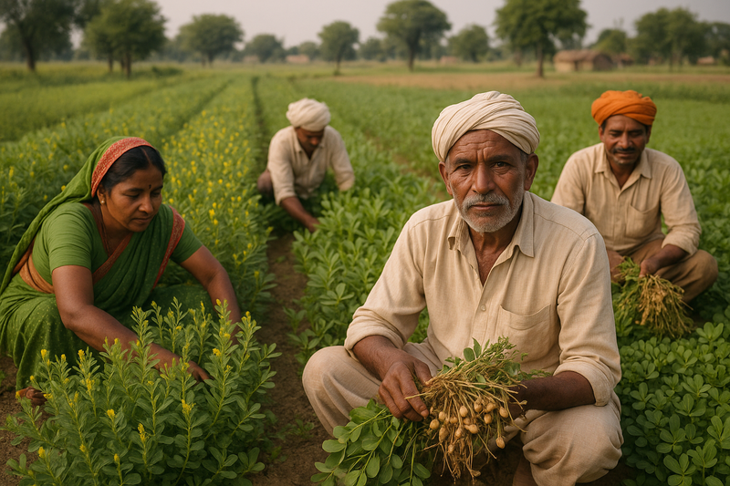 We partner with local farmers to bring you the freshest, most authentic flavors straight from the village. Our commitment to sustainable farming practices ensures quality you can taste and trust. make images with indian faces. who is working in field for dal peanuts